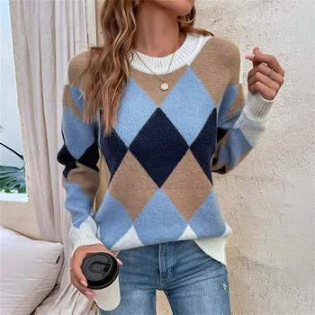 S-XL Осенняя контрастная уличная одежда с круглым вырезом, Женский Клетчатый вязаный свитер, Свободные пуловеры, Трикотаж с длинными рукавами